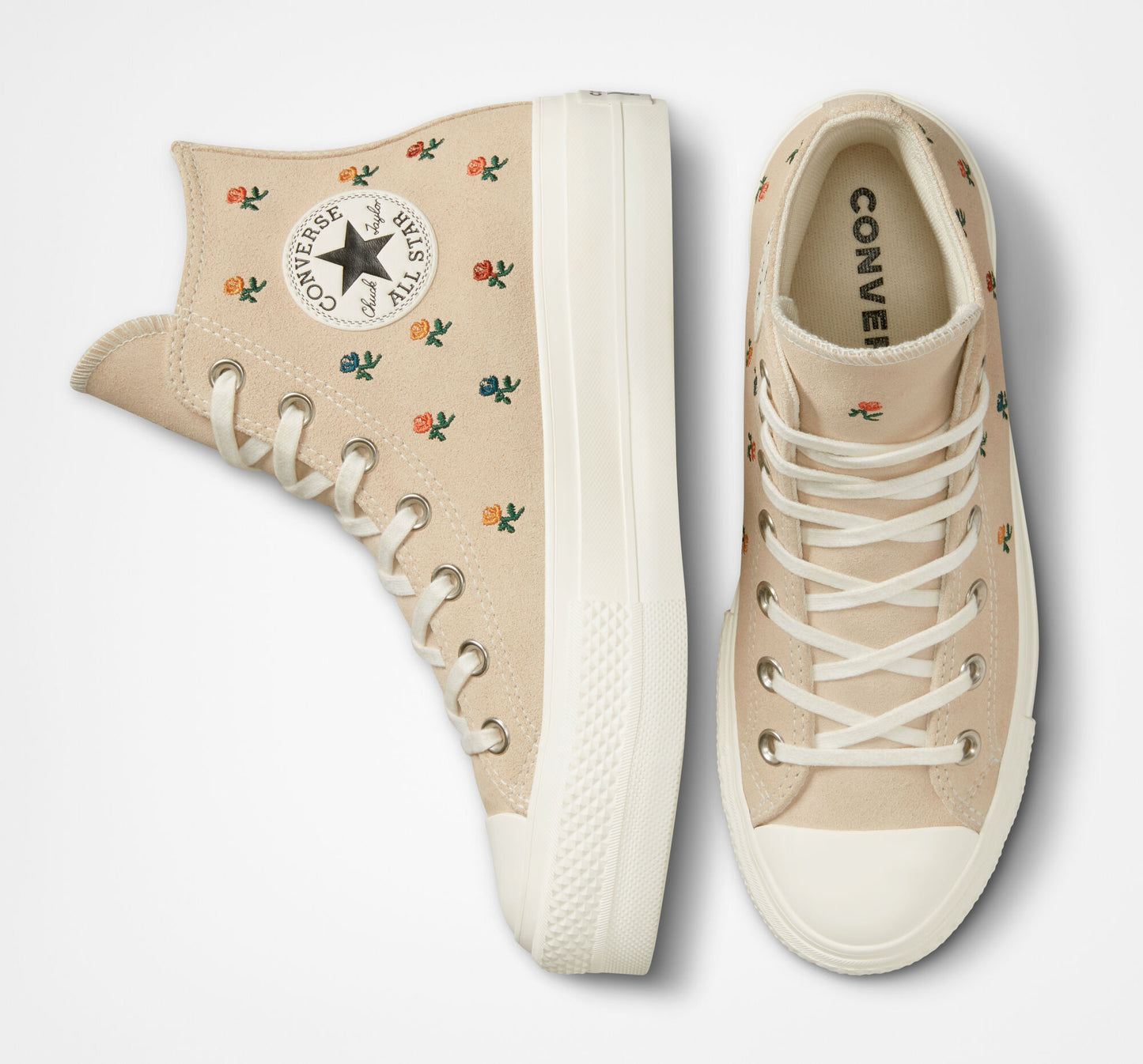 Women's Converse Chuck Taylor All Star Lift Platform Embroidered Roses Hi Top Shoe, A04300C Multi Sizes Farro/Egret/Midnight Clover