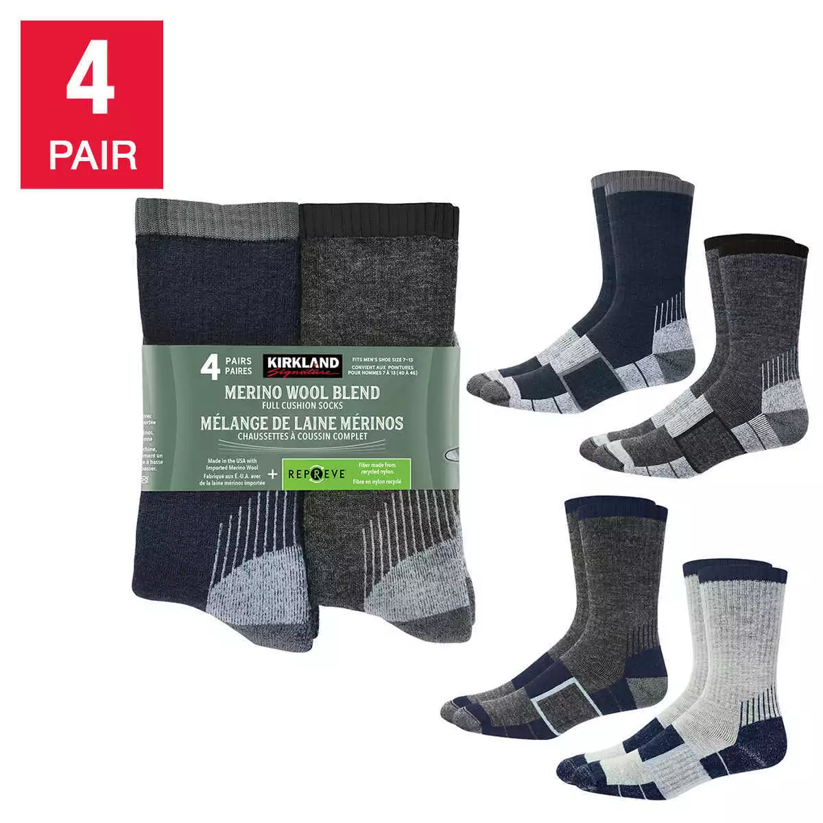 Men's Kirkland Merino Wool Sock, 4 Pair Navy/Charcoal/Grey/Navy Combinat 7771320