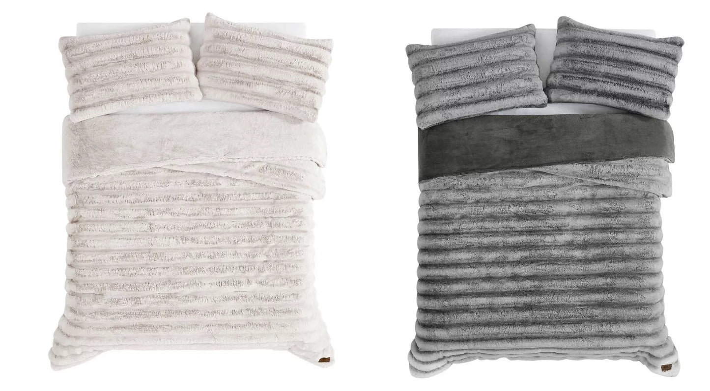 Frye 4" Jacquard Channel Luxury Faux Fur Comforter 3 Piece King Set, Reversible