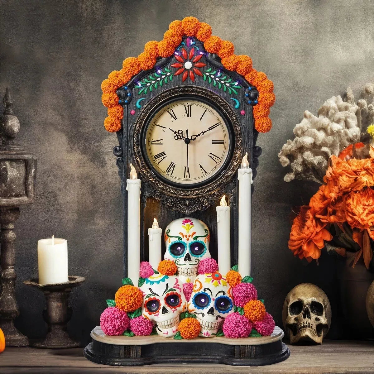 Day of The Dead Clock w/LED Candle Lights & Skulls, dia de los muertos Halloween