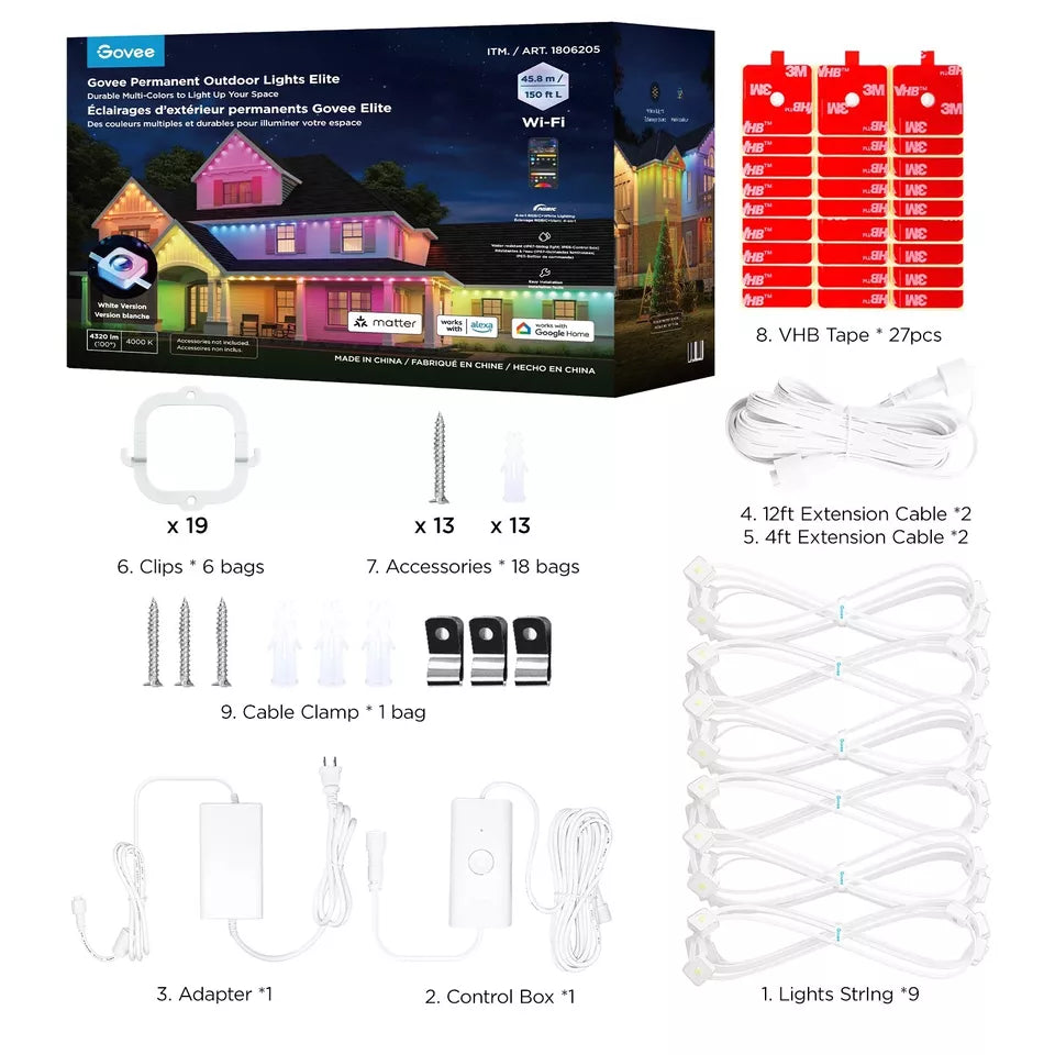 New Govee 150ft Permanent Outdoor Color Changing Lights Elite, Black or White