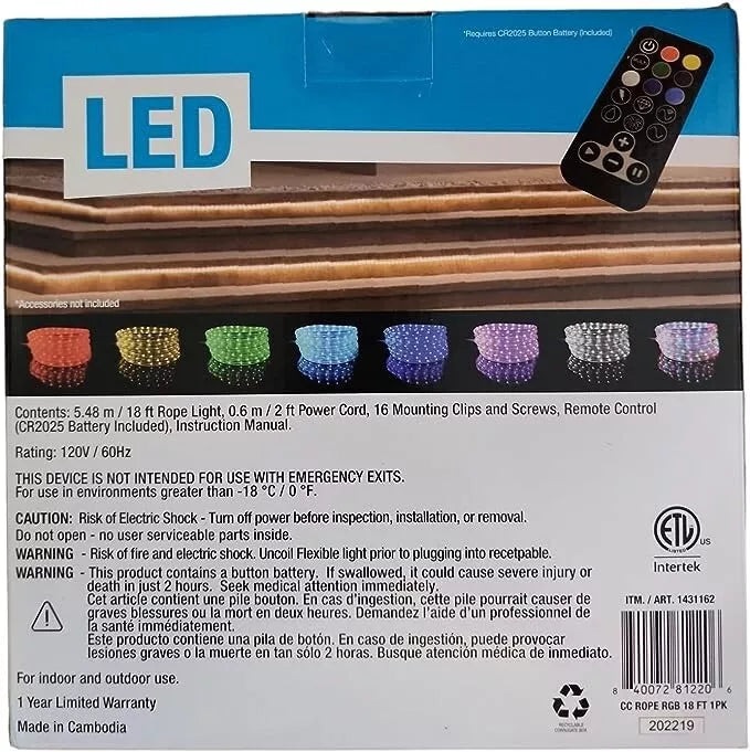 Global Value LED Color Changing 18 foot Rope Light With Remote, Indoor/Outdoor