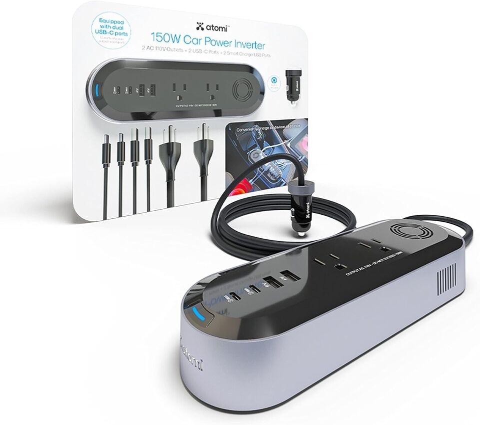 Atomi 150W Car Power Inverter, 2 AC 110V Outlets+2 USB-C Ports+2 Smart USB Ports