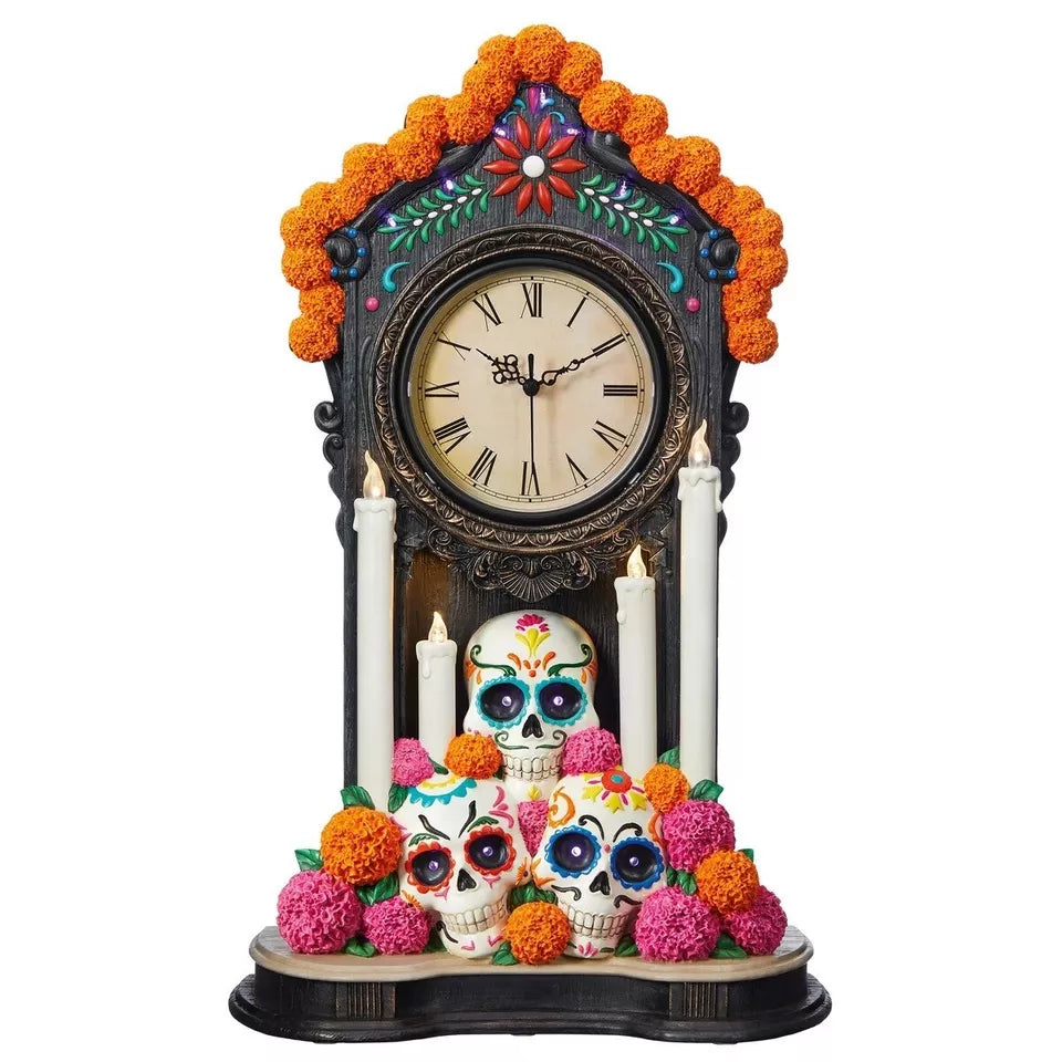 Day of The Dead Clock w/LED Candle Lights & Skulls, dia de los muertos Halloween
