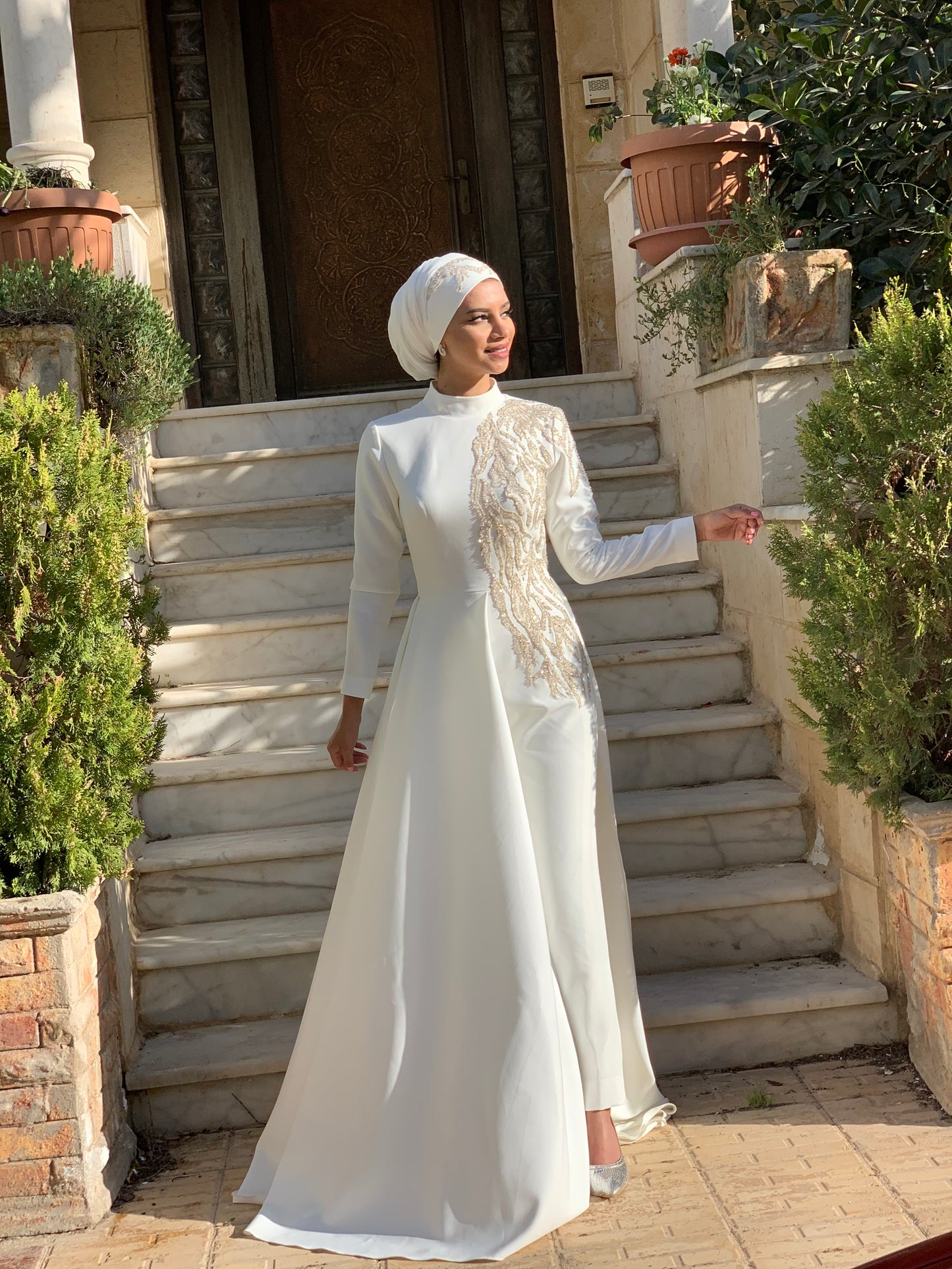 Women's Custom Rhinestone Modern Modest Hijab Dress & Jumper Combo White