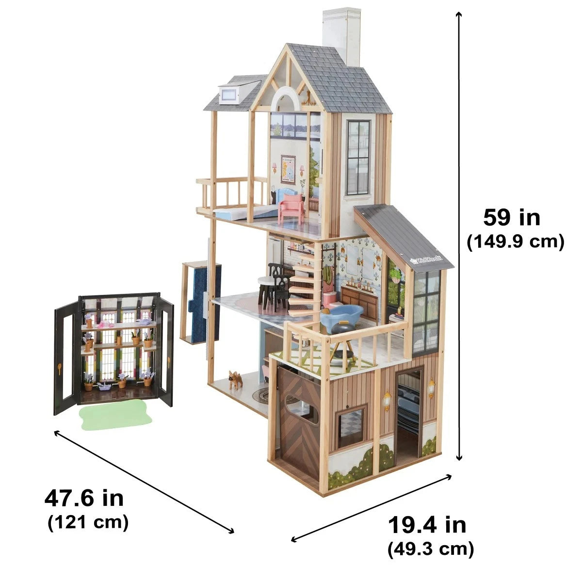 New Kidkraft Lakeview Villa Wooden 59" Dollhouse & Greenhouse, 13 Play Pls 20656