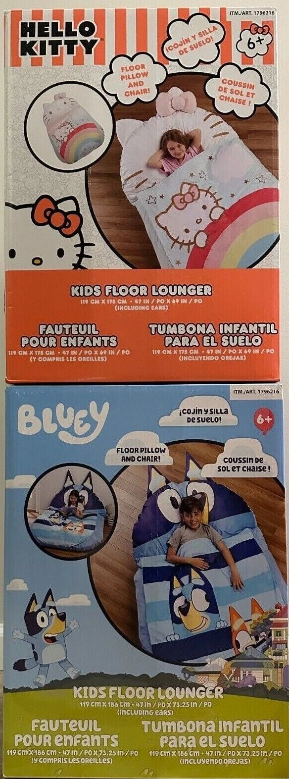 New Kids Floor Lounger Floor Pillow & Chair, Choice Bluey or Spiderman 47"X69"