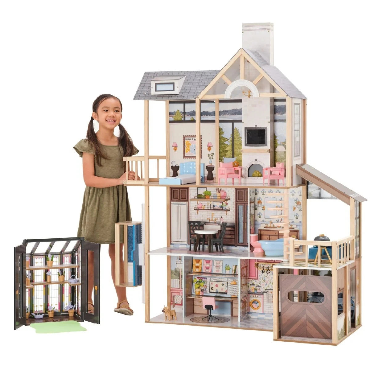 New Kidkraft Lakeview Villa Wooden 59" Dollhouse & Greenhouse, 13 Play Pls 20656