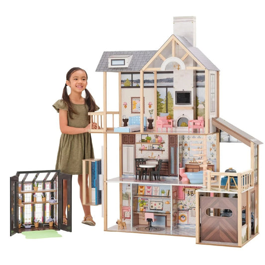 New Kidkraft Lakeview Villa Wooden 59" Dollhouse & Greenhouse, 13 Play Pls 20656