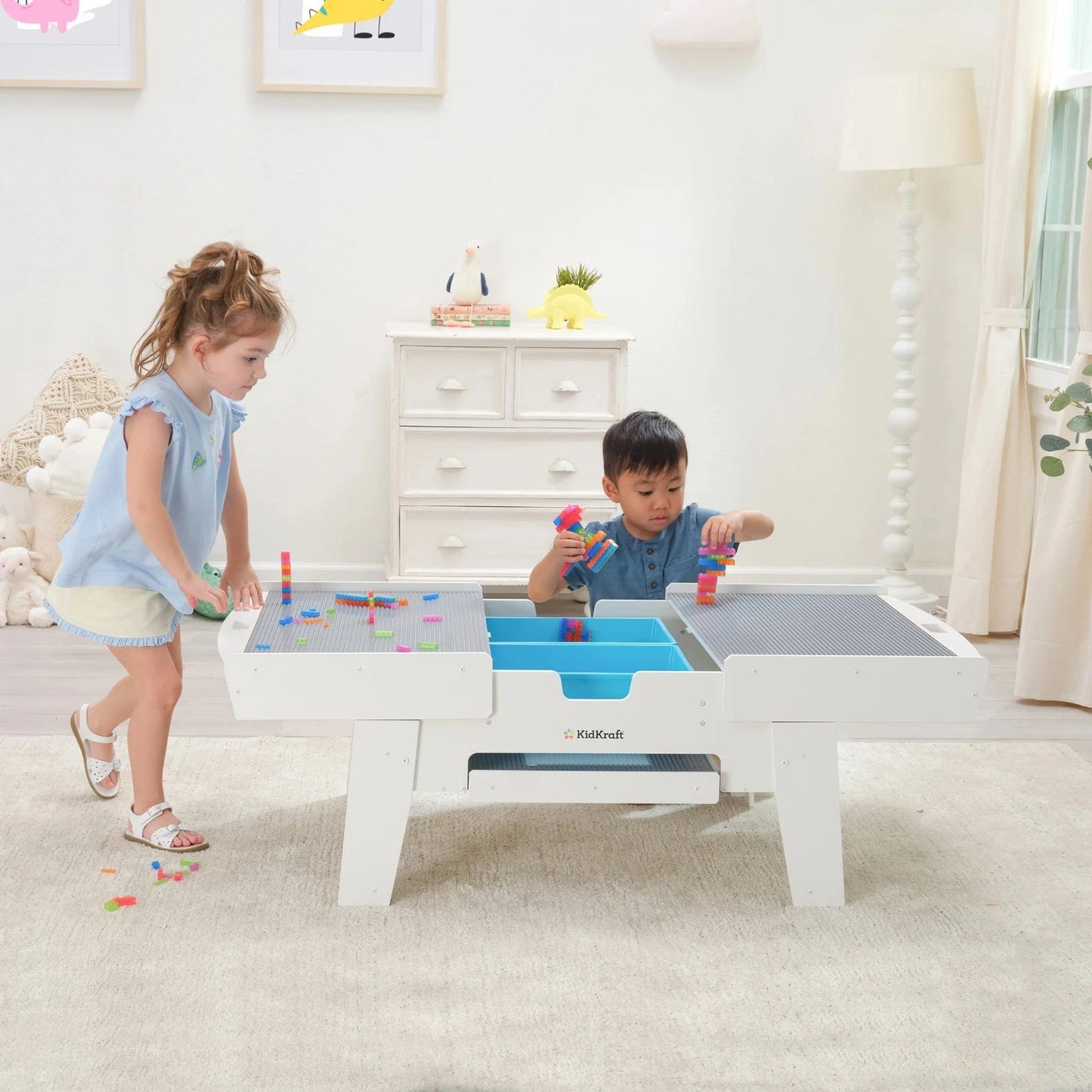 New Kidkraft Building Bricks Play N Glow Activity Table W/210 Brick, White 20678