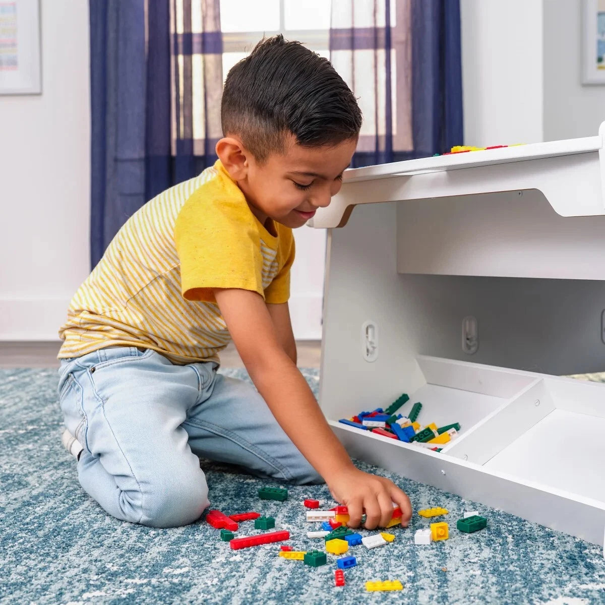 New KidKraft Building Bricks Play N Store Mega Table w/210 Bricks, White 1601399