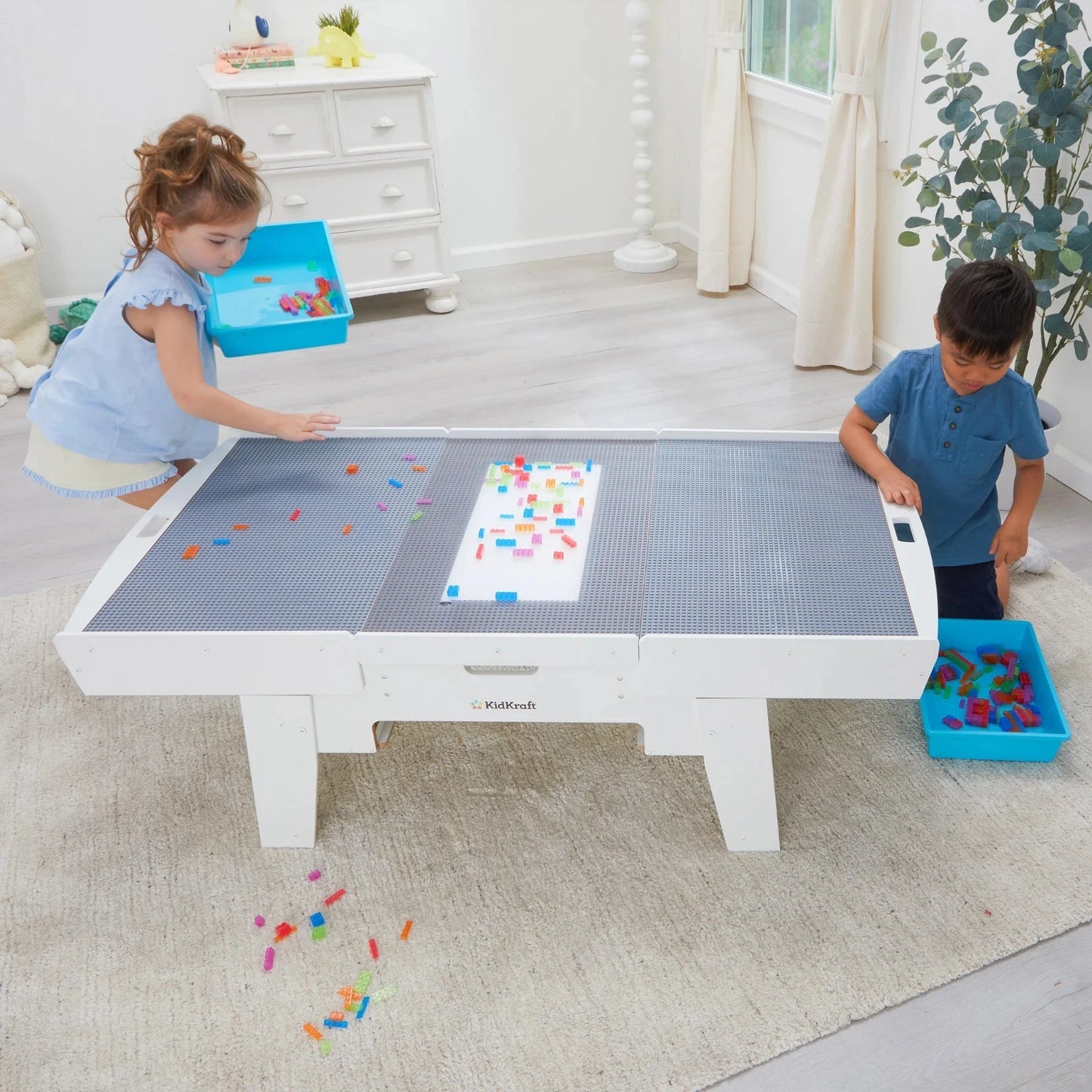 New Kidkraft Building Bricks Play N Glow Activity Table W/210 Brick, White 20678