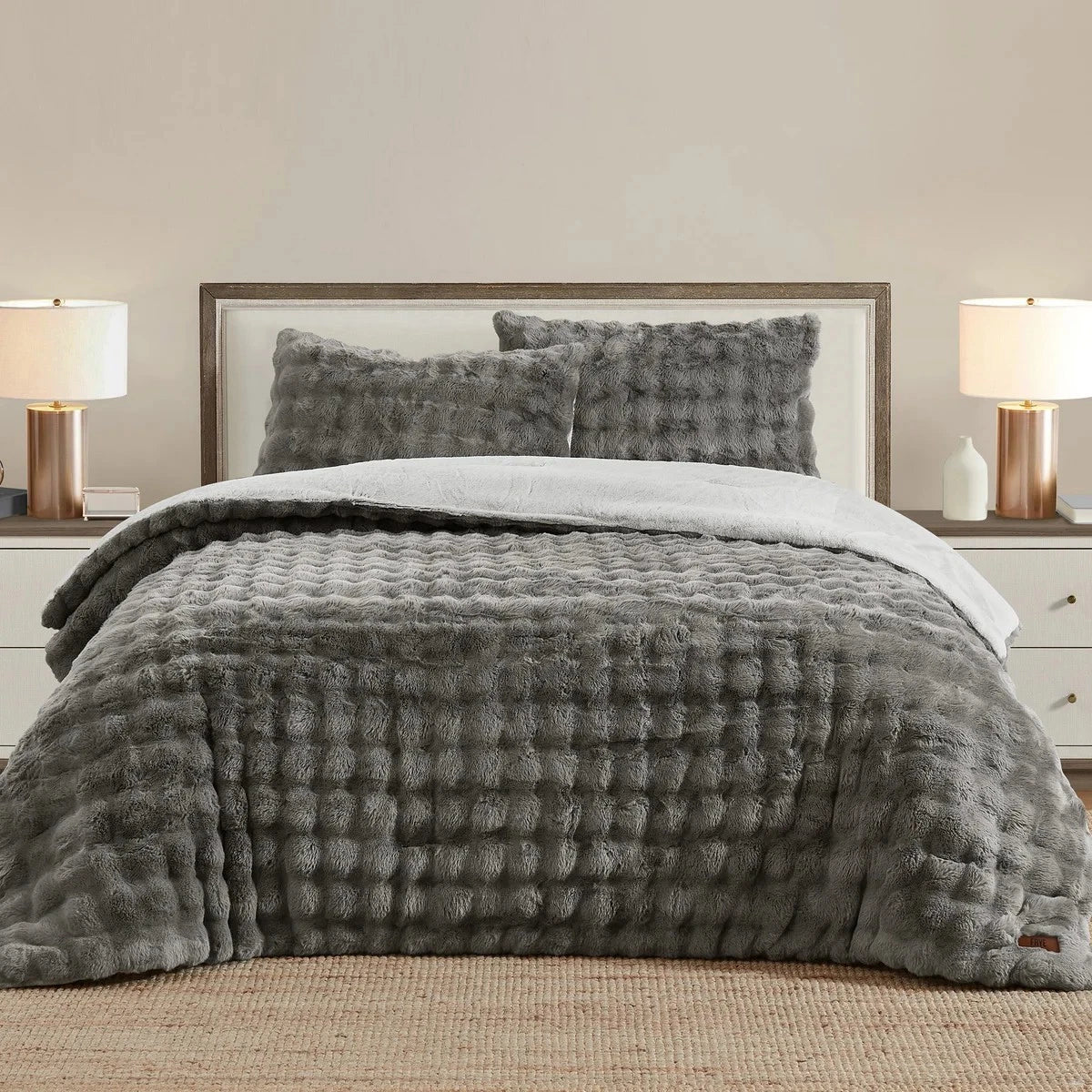 Frye Luxury Bubble Faux Fur Comforter 3 Piece King Set, Reversible Choice Colors