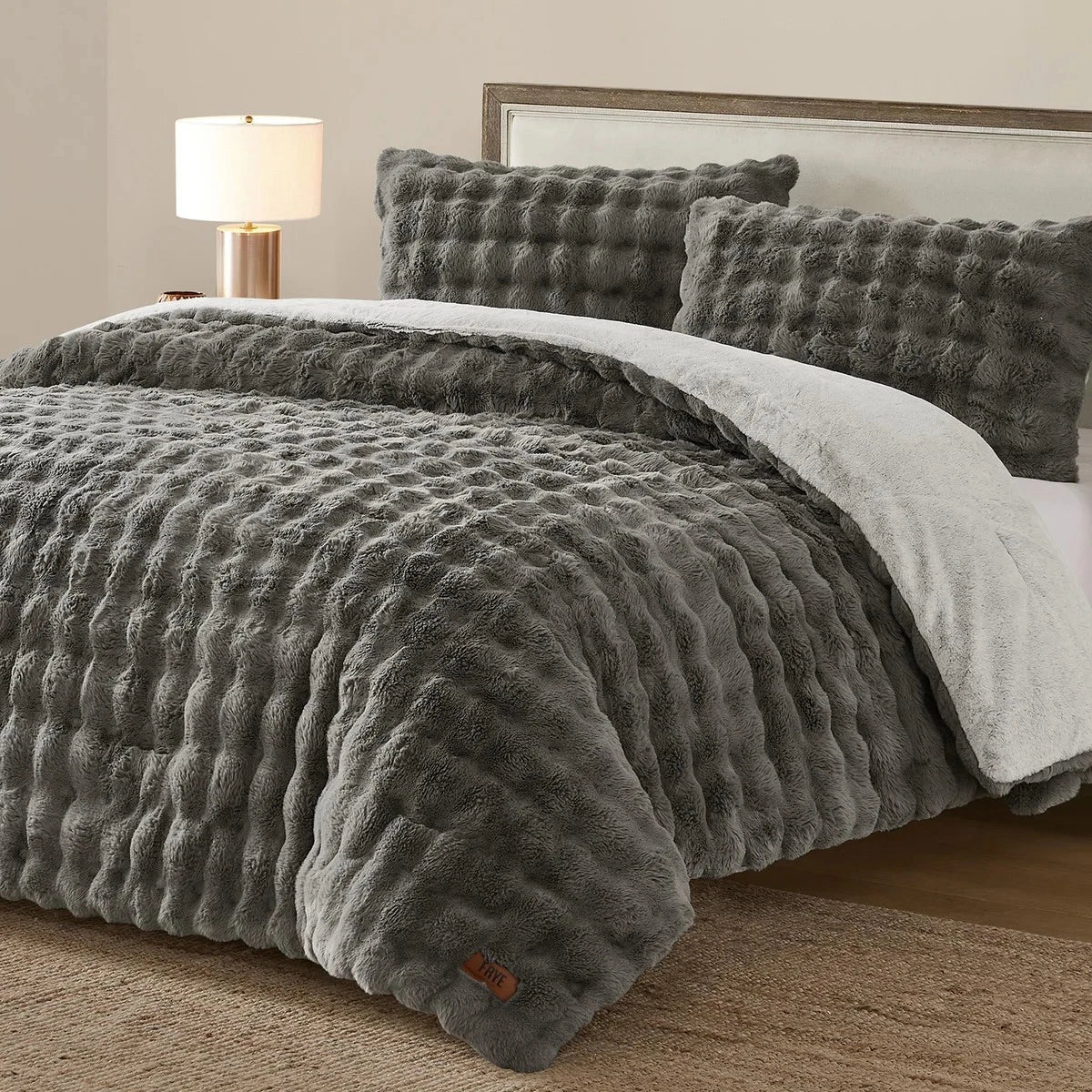 Frye Luxury Bubble Faux Fur Comforter 3 Piece King Set, Reversible Choice Colors
