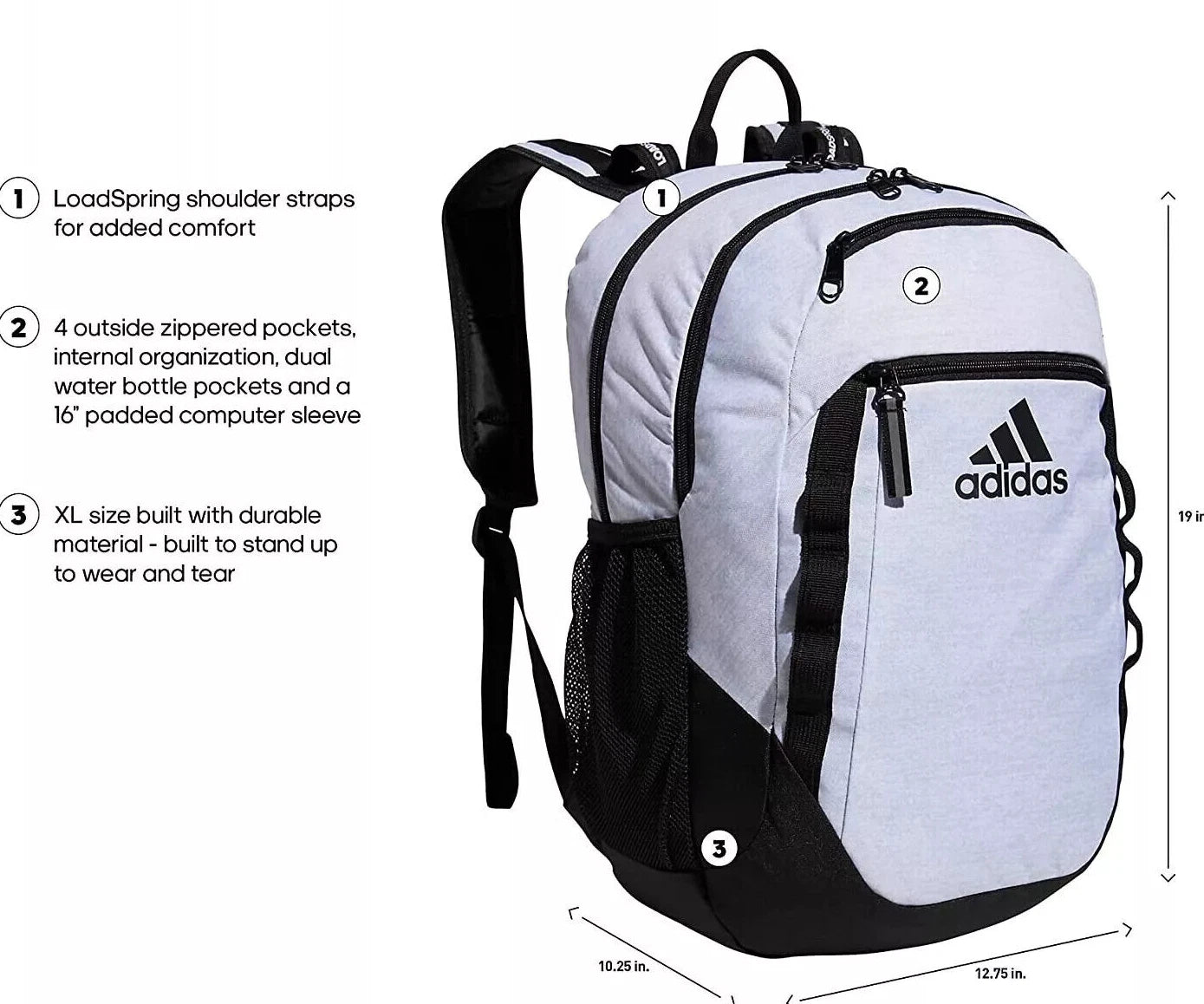 adidas Excel 6 BOS Unisex Backpack, 5153175 Jersey White/Black 2450 CU NWT