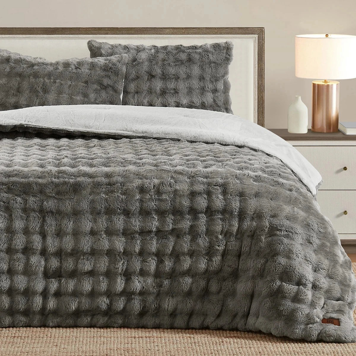 Frye Luxury Bubble Faux Fur Comforter 3 Piece King Set, Reversible Choice Colors