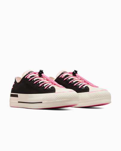 Women's Converse Chuck Taylor All Star Easy On Black & Pink Platform Lift Low Top Shoe, A09540C Multiple Sizes Black/Fable Pink/Egret