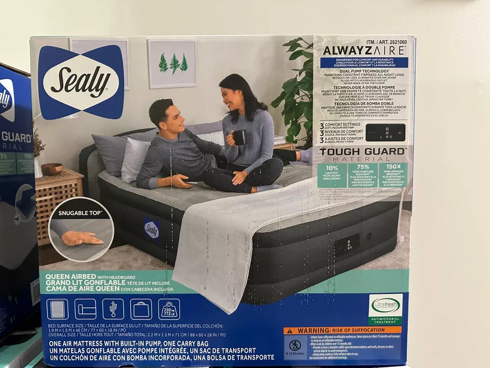 Sealy AlwayzAire Tough Guard Air Mattress, Queen 94061 W/Inflat Headboard 88"X60