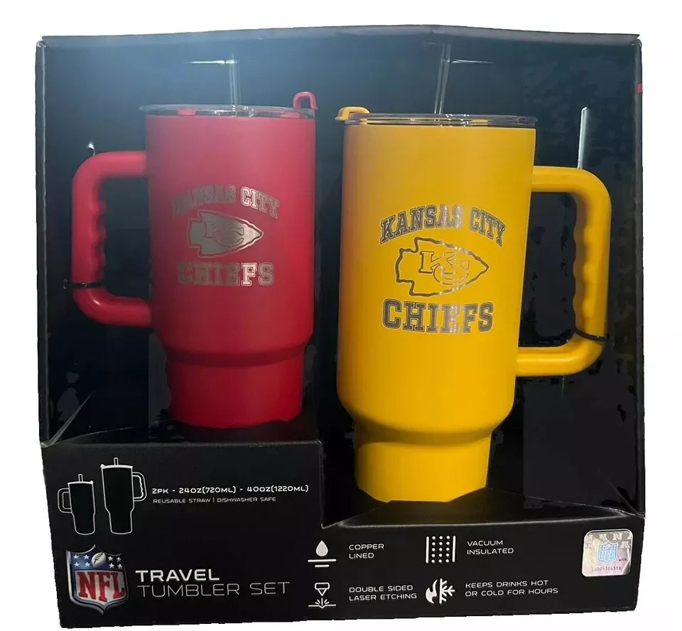 NFL Kansas City Chiefs Travel Tumbler Set W/Straws, 2pack 40oz Red & 24oz Yellow