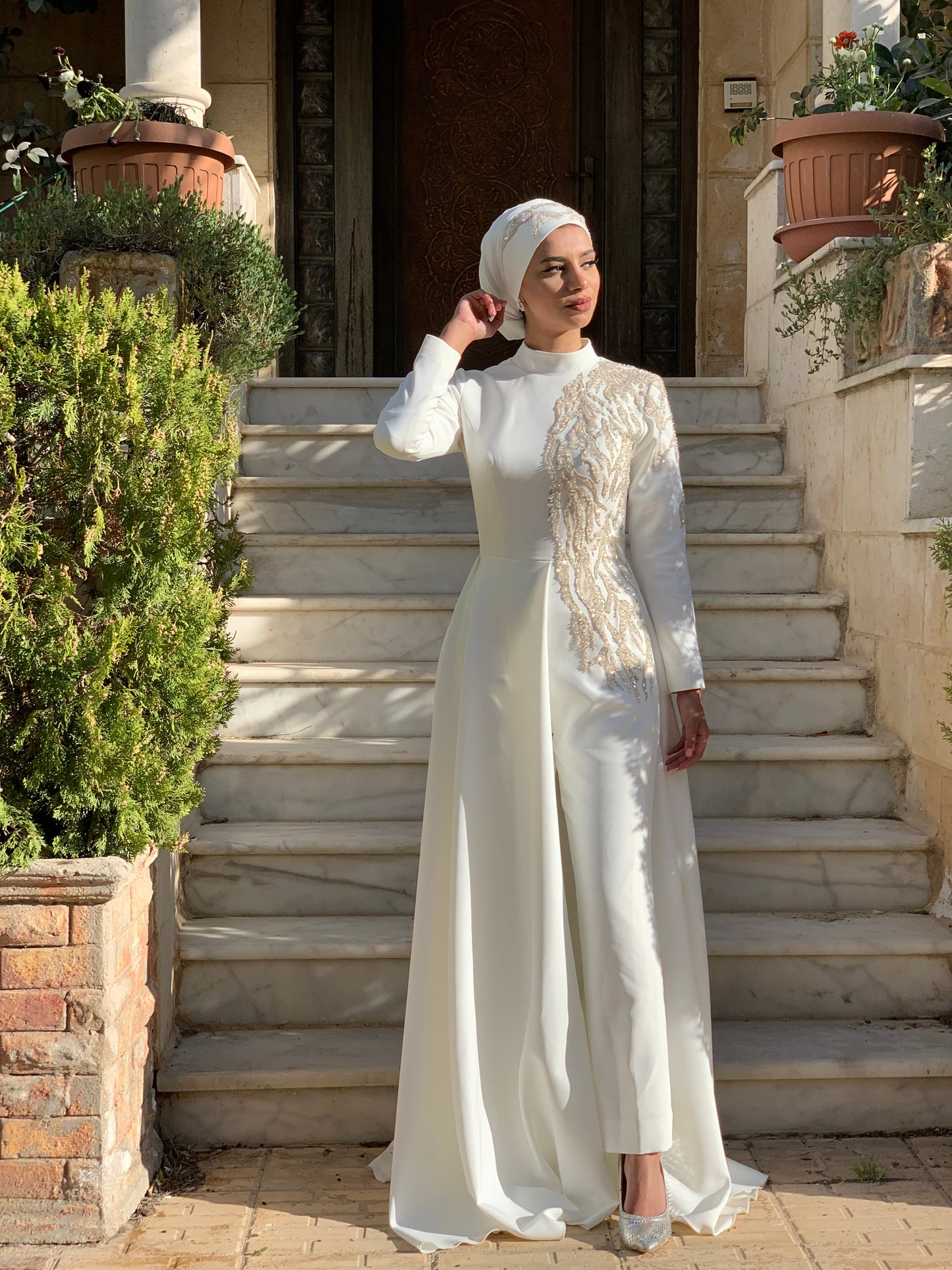 Women's Custom Rhinestone Modern Modest Hijab Dress & Jumper Combo White